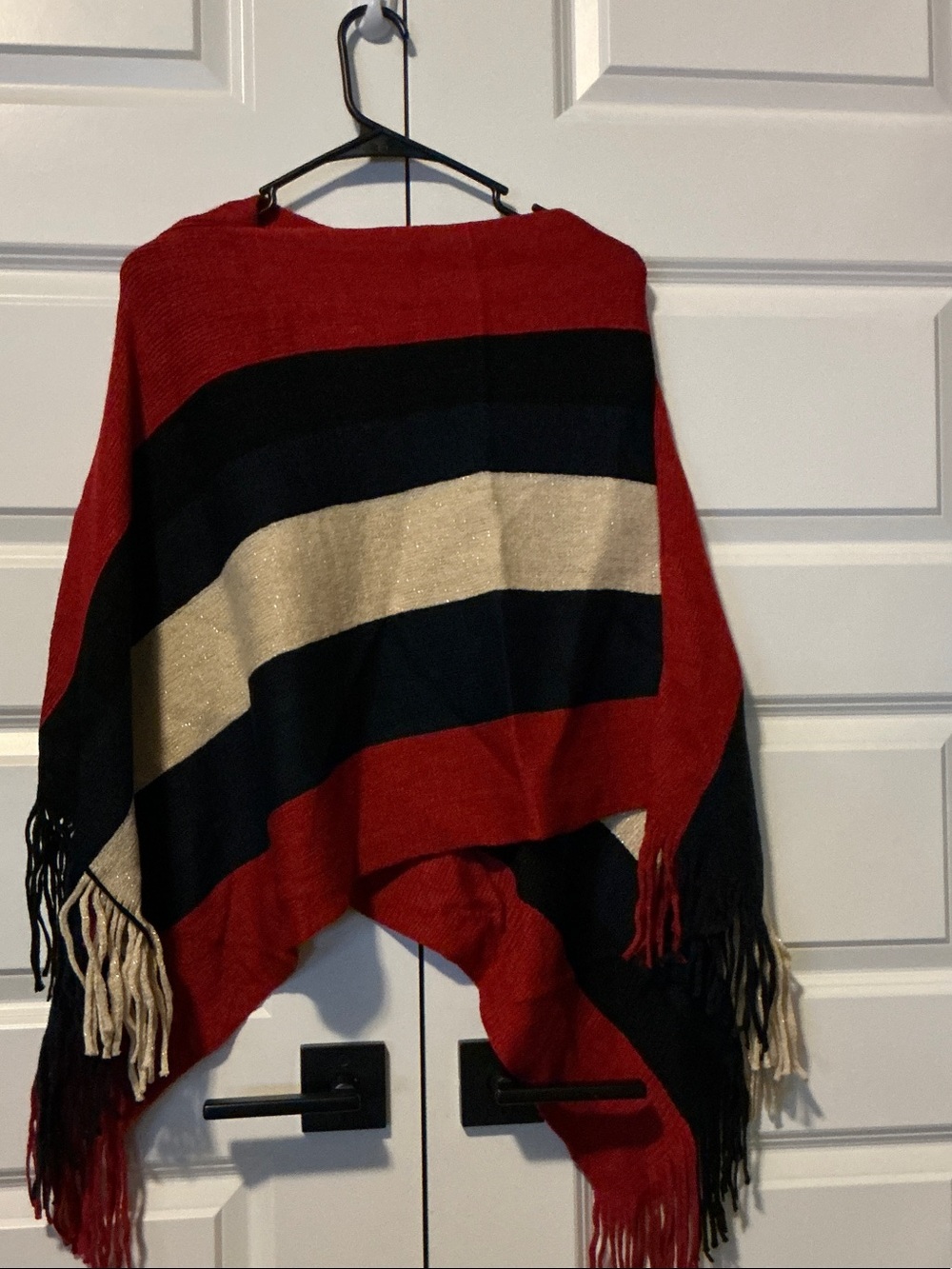 Striped Red Fringe Knit Poncho